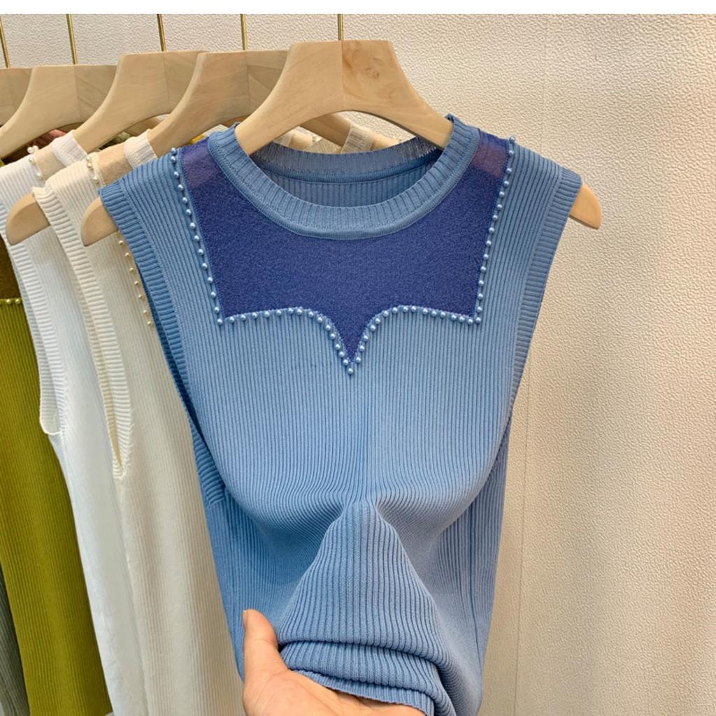 New Summer Ice Silk Suspender Vest for Women's Thin Gauze Mesh Bead Base Large Size Slim Sleeveless Knitted Sweater