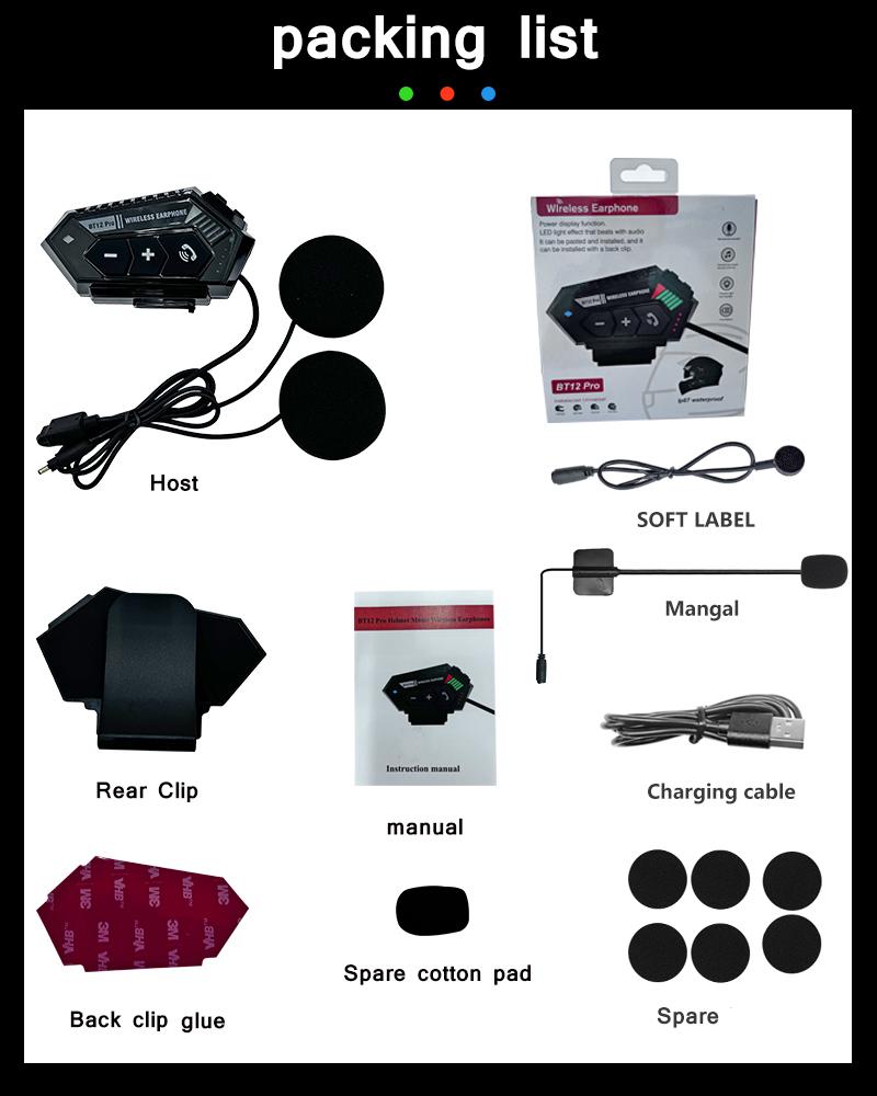 BT12 Pro 2000mah Motorcycle Bluetooth Helmet Headset Wireless Hands-free Call Stereo Waterproof Music Player for Moto Earphone