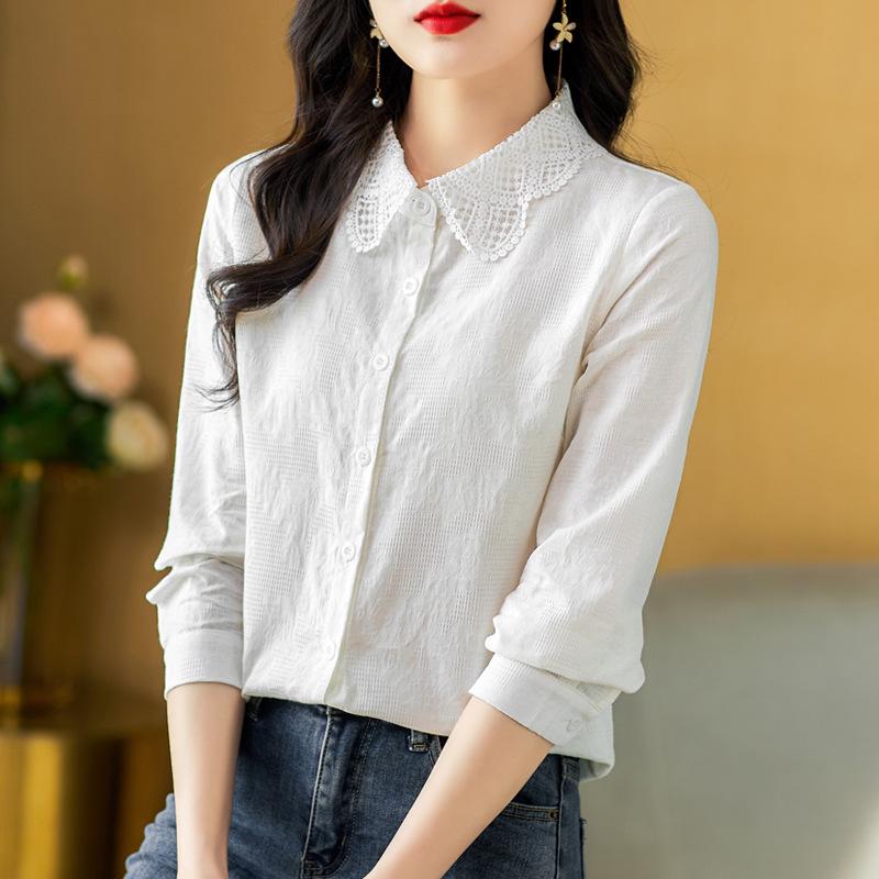 2023 Spring Women's Cotton Jacquard Shirt with Doll Collar and Long Sleeves