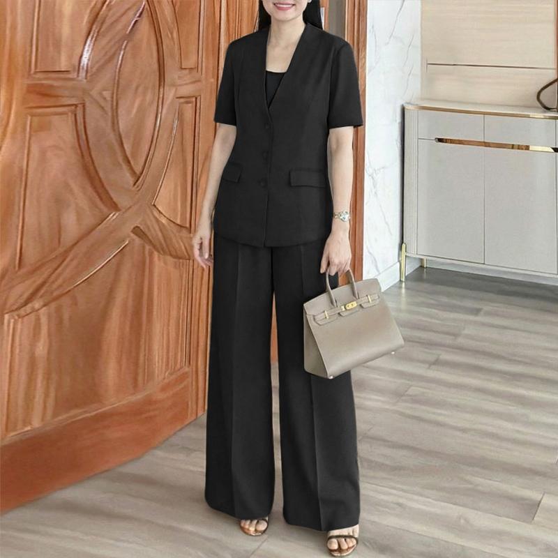 ZANZEA Women Short Sleeve Cardigan Blouse and Pants Casual Two Piece Suit Sets