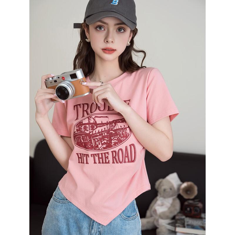 French Box Design Letter Print Irregular Short Sleeve T-Shirt M