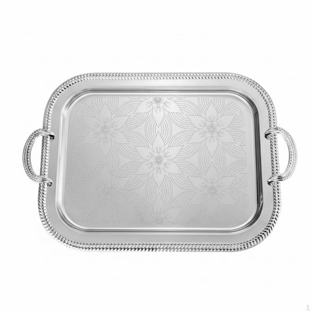 Silver-Toned Serving Tray with Handles Engraved Metal Decorative