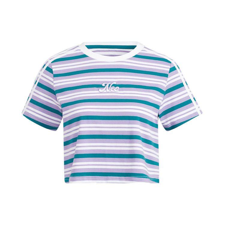 Adidas Neo Striped Round Neck Short Sleeve T-Shirt Women tops Blue Purple HM7410 M