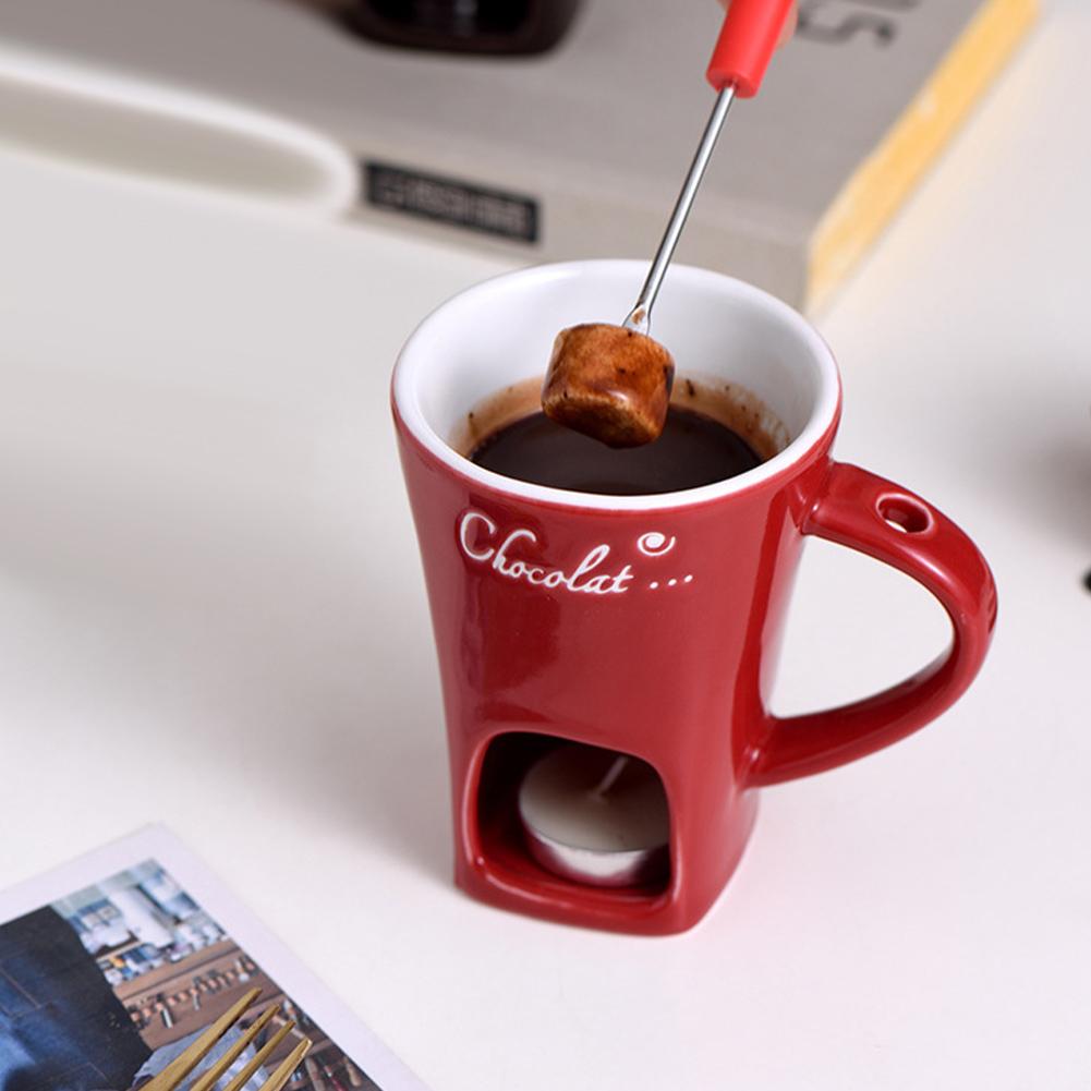 Personal Mini Fondue Mug Set Chocolate Cheese Ice Cream Melter Kit Candle Warmer Ceramic Cup with Fork/Spoon for Date Gift
