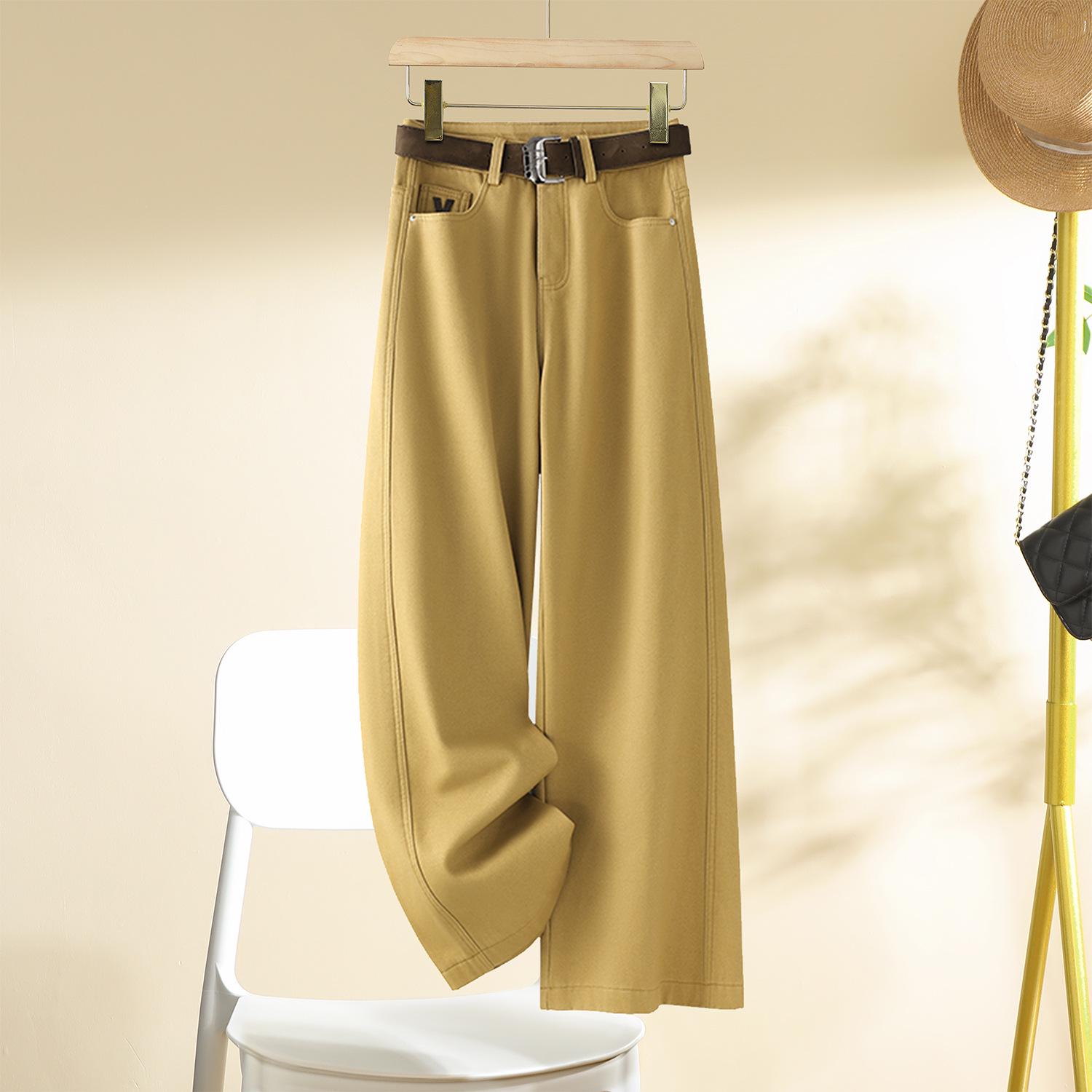 

2025 Retro Yellow Plus Velvet Wide-Leg Women s Jeans: Spring & Autumn Collection 30 (125-135 lbs)