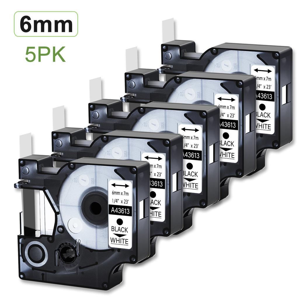 5PK 6mm D1 Standard Tape Labels Compatible for Dymo 43613 Black On White Laminated Labels for LabelWriter Duo 3M PL100 Printers