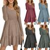 Women's Long Sleeve Ruffle Hem Midi Dress Textured Loose Casual Autumn Vintage Dress