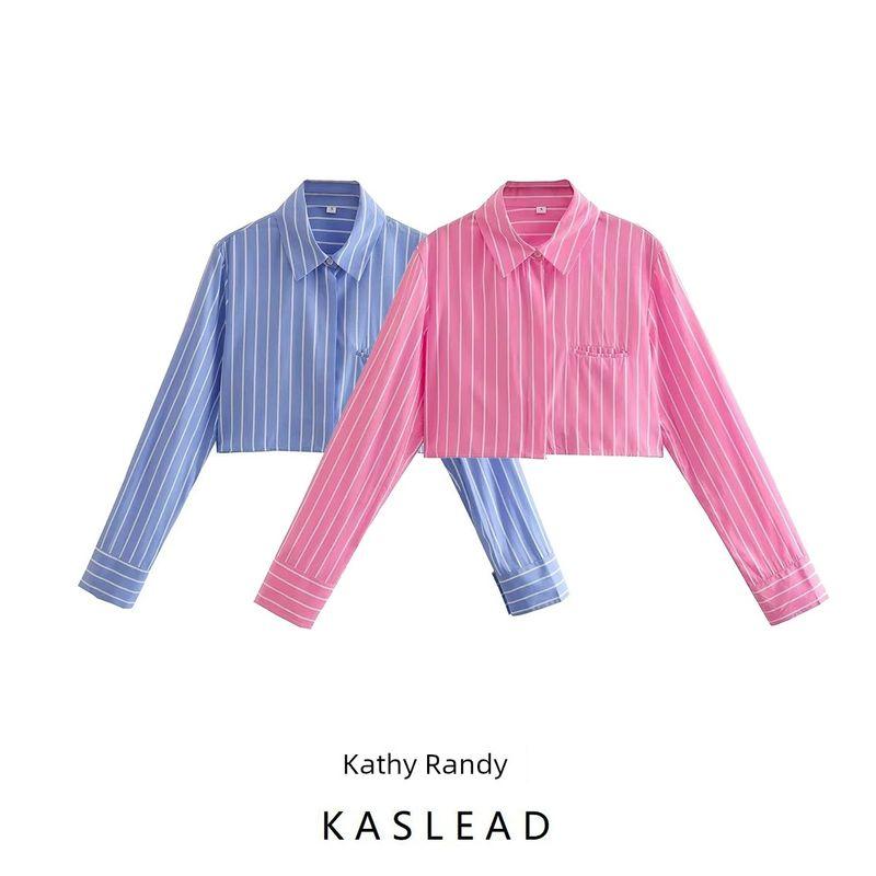 Kaslead Lapel Long Sleeves Striped Short Style Poplin