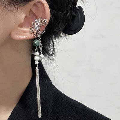 Vintage Chinese Style Artificial Jade Tassel Flower Ear Clip No Piercing Earring Trendy Punk Metal Ear Cuff Clip Earring