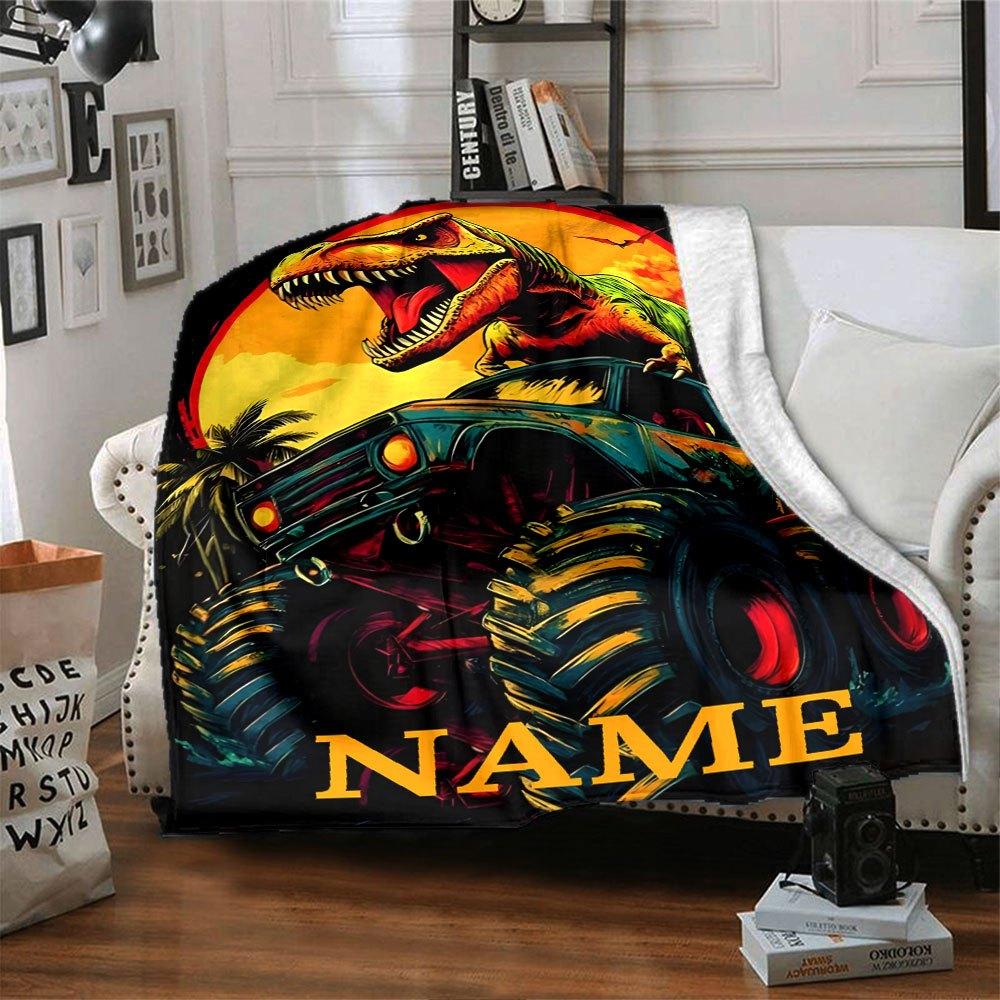Dinosaur On Monster Truck Home Customize Your Name Blankets Soft Cozy Lightweight Versatile For All Seasons Perfect For Picnics Sofa Office Bed Living