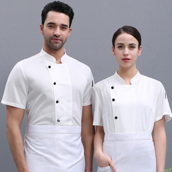 Unisex Chef Shirt Kitchen Single-breasted Short Sleeve Stand Collar Stain-resistant Loose Kitchen Bakery Restaurant Canteen Waiter Top Cook Uniform