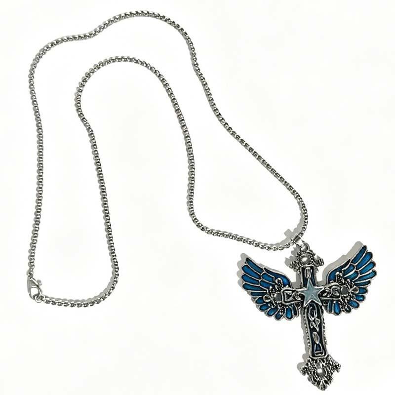 Original Luminous Star Cross Wings Pendant - Retro Fluorescent Necklace for Nighttime Style
