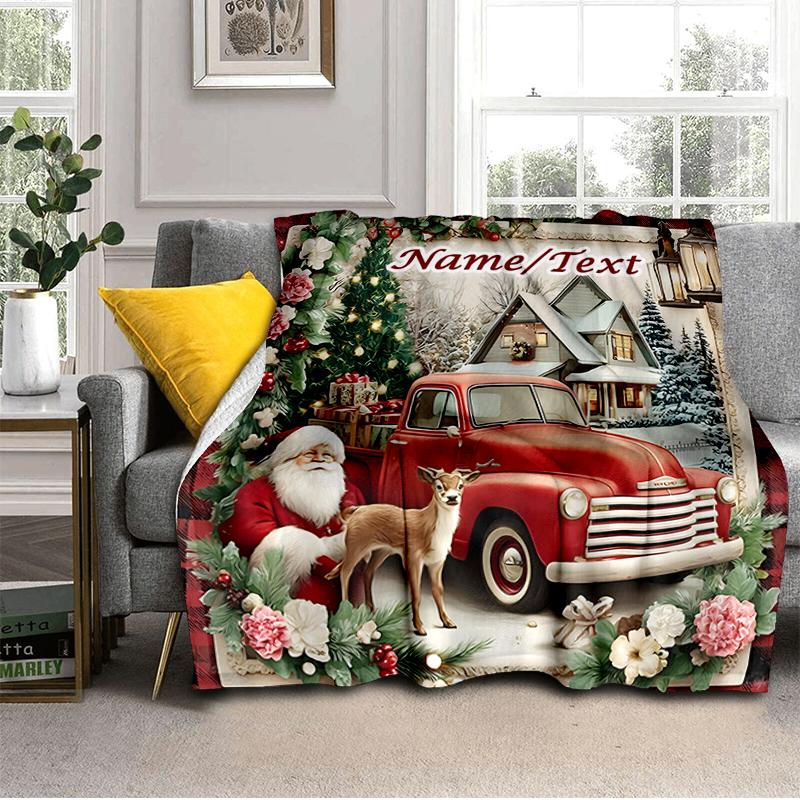 1PC Custom Name Christmas Vintage Truck Scene outdooor Flannel blankets Throw Blanket All-Season Throw Gift Bedspread for Couch, Bed, Camping Holiday 