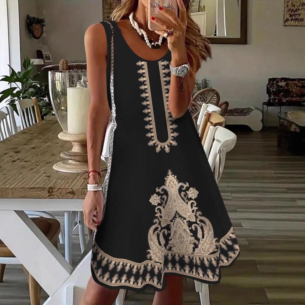 Women's Summer Sleeveless Plus Size Beach Dress Casual Crew Neck Printed Boho Midi Dress