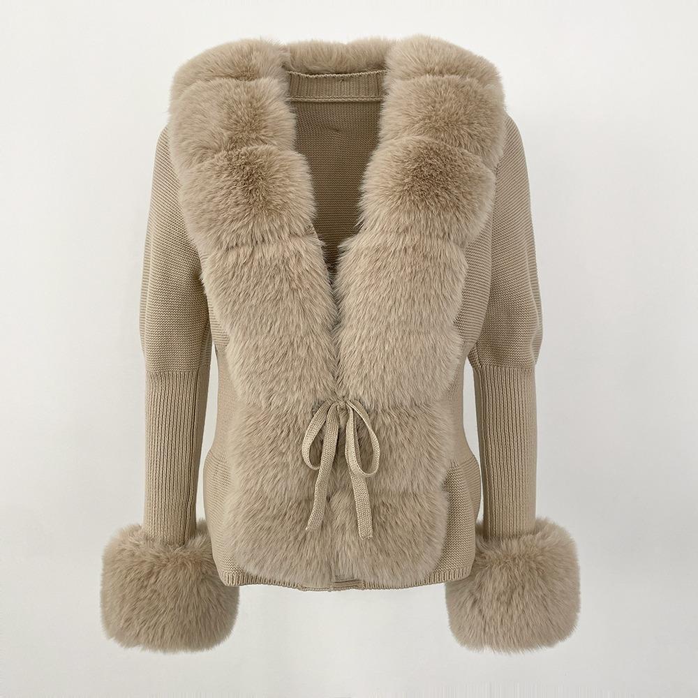Faux Fur Coat Patchwork Knit Sweater Bandage Fur Cardigan Detachable Collar Jacket Autumn-winter Women's Faux Fur Coat