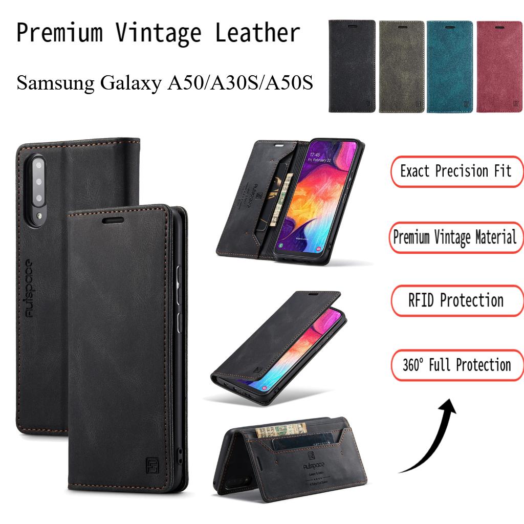 Premium Vintage Leather Wallet Case for Samsung Galaxy A50/A30S/A50S - RFID Blocking Flip Cover with Card Slots (4 Colors)
