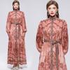 Women's Floral Pattern Printed Stand Collar Lantern Sleeve Holiday Dress Summer Autumn New Fashion Vintage Chiffon Long Maxi Dress