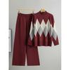Women's Autumn/Winter Knitwear Set: Cross-Rhombus Half-High Collar Sweater with Wide-Leg Pants Fashion Two-Piece.