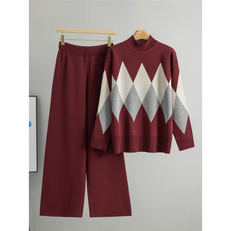 Women's Autumn/Winter Knitwear Set: Cross-Rhombus Half-High Collar Sweater with Wide-Leg Pants Fashion Two-Piece.