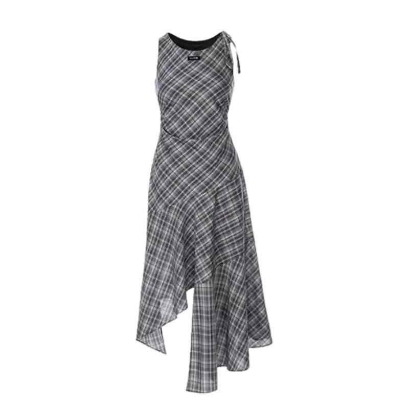 Street style sleeveless plaid vest women's summer dress high-end temperament lace-up small irregular long dress