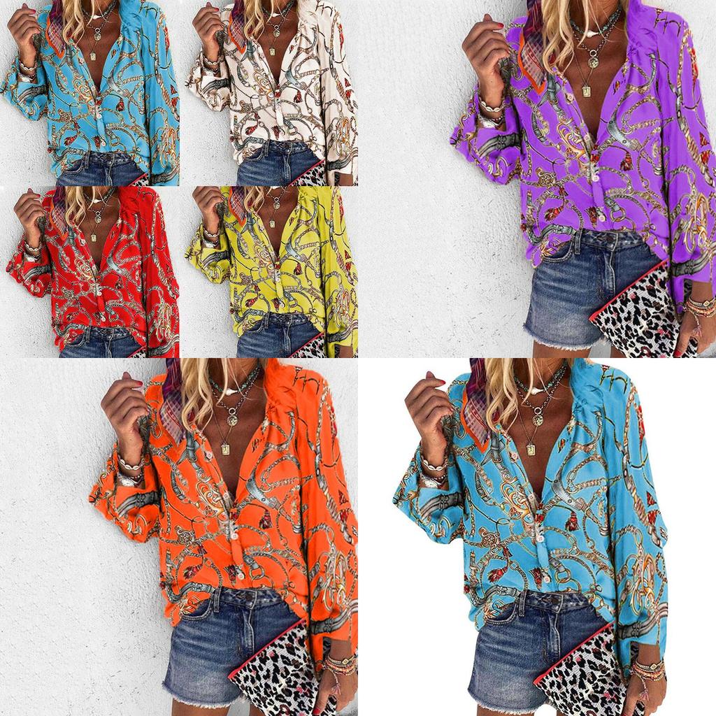 Stylish Ladies Casual Chain Print Long Sleeve Blouse For Office Wear