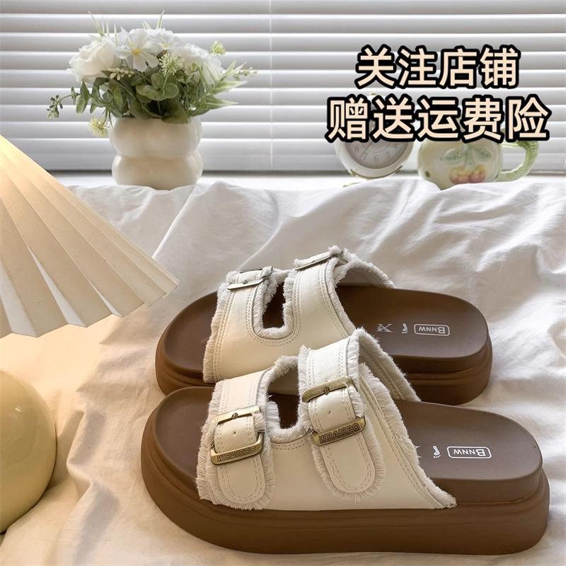 Dicksohlige Birken-Slipper für Damen-Sommerbekleidung 2025 Retro-Feenwind mit Fransen hässlich und niedlich flachsohlige Damen-Birken-Sandalen Tide