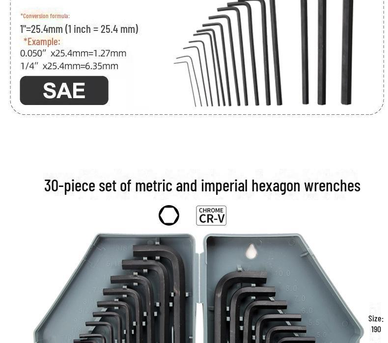 30-Piece Metric & Imperial L-Shaped Hex Socket Wrench Set - Polished Black, Chrome Vanadium Steel