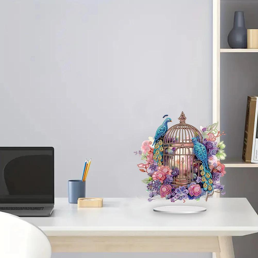 Blauer Vogel Diamantmalerei Schreibtischornamente Set Flamingo Diamantmalerei Schreibtischdekorationen Käfig für Zuhause Büro Schreibtisch Dekor