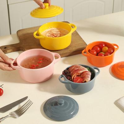 1Pc Small Ceramic Double Ear Bowl - Oven Safe for Steamed Egg Custard, Household Stew Soup, Pudding Baking & Stewing Pot