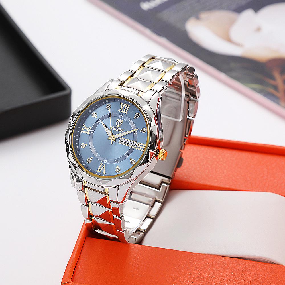 New Light Luxury Diamond Quartz Couples' Watch with Alloy Steel Band and Dual Calendar