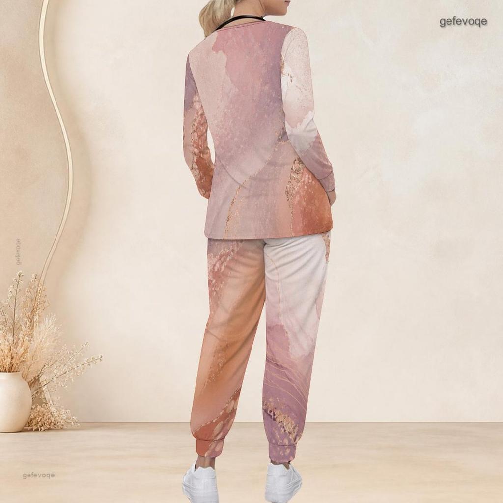 Women Plus Size Pink Printed Nurse Scrub Set V Neck Long Sleeve Pocket Top And Long Pants