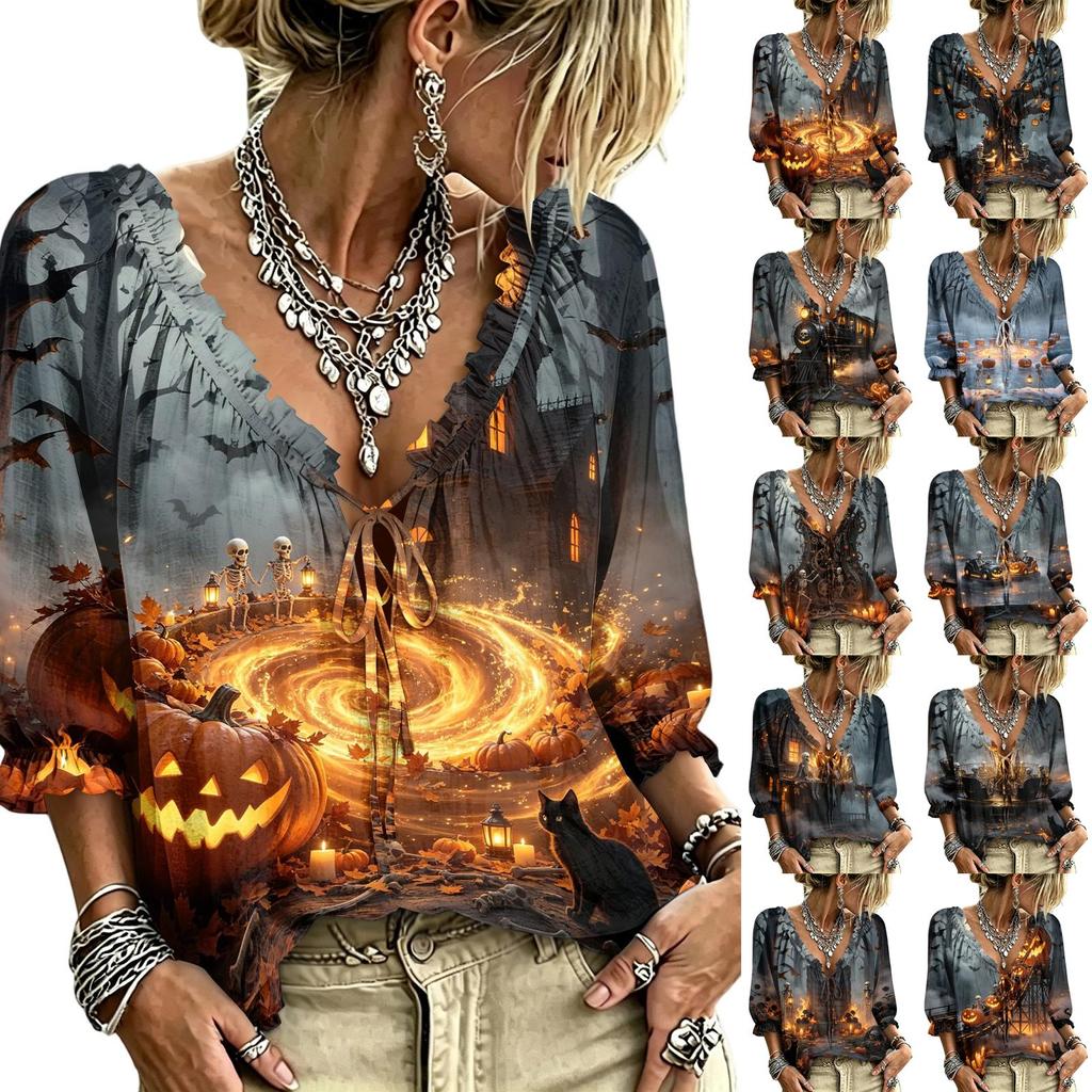 Women's Halloween Print Tie Front Ruffle V-Neck Blouse with