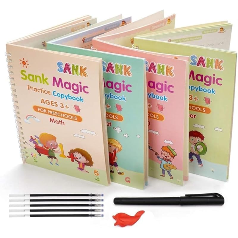 Eclet Magisches Buch für Kinder, Sank Magisches Übungsheft, (4 Bücher+10 Nachfüllpackungen+1 Stift+1 Griff) Zahlen-Nachzeichnungsbuch für Vorschulkinder