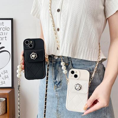 Luxury Camellia Rhombic Wallet Case For iPhone 15 14 13 12 11 Pro Max XR XS 7 8 Plus Pearl Leather Crossbody Lanyard Cover