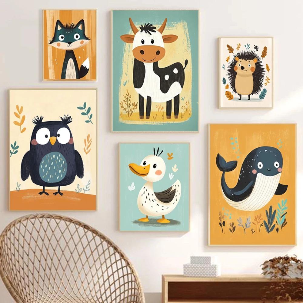 Cute Smiling Cartoon Dolphin Cow Owl Unicorn Posters Expressive Eyes Prints Canvas Painting Wall Picture Home Kid's Room Decor