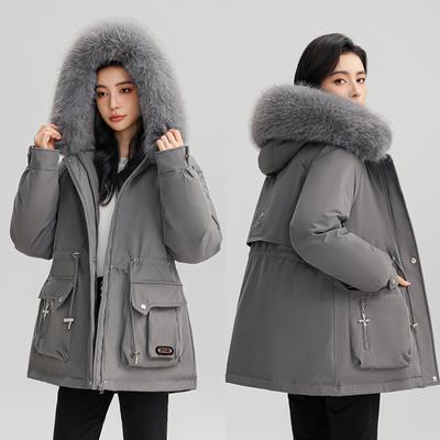 Winter Verdickte Parker Jacke Damen Taille War Dünn, Kapuze Großer Pelzkragen Warme Baumwolljacke