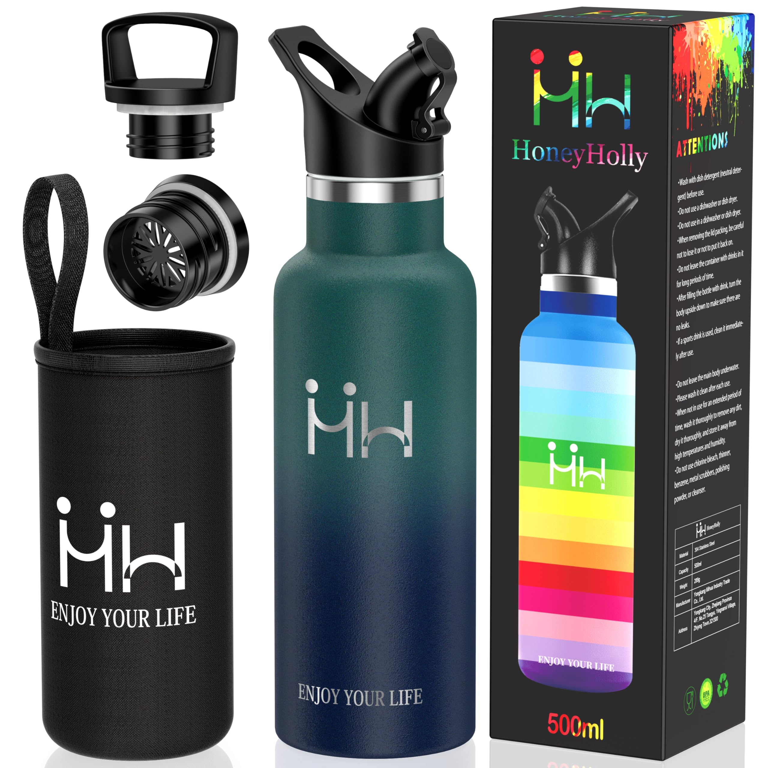 

Kkapping Insulated Water Bottle, Lightweight 500ml Stainless Steel Bottle with Two Lids, Tea Strainer, and Cover, Sports Bottle, Vacuum Insulated,