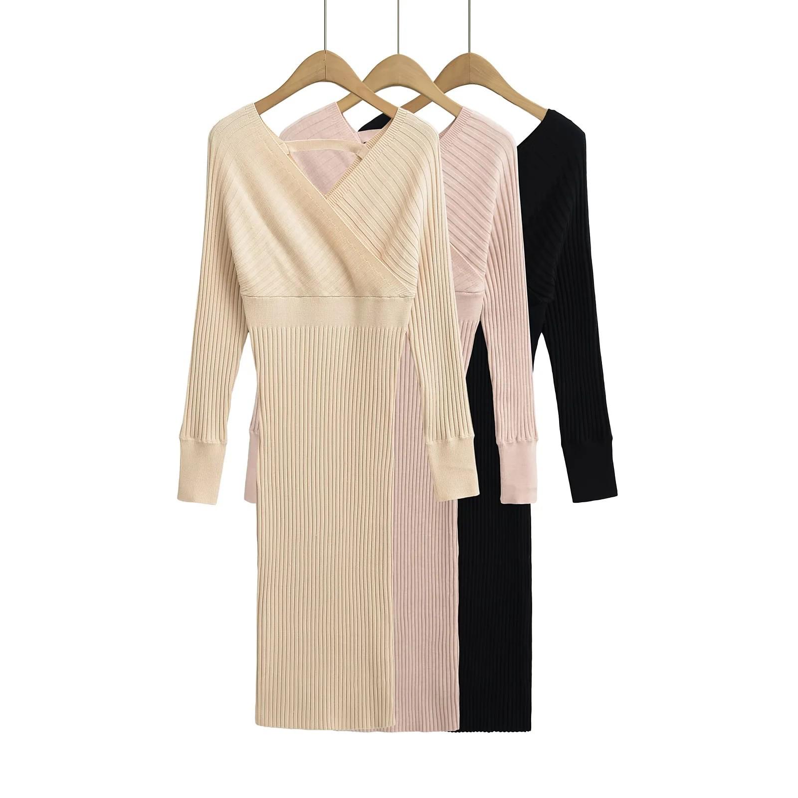 

Spring 2025 Sexy Deep V-Neck Long-Sleeve Knitted Sweater Dress S абрикосовий