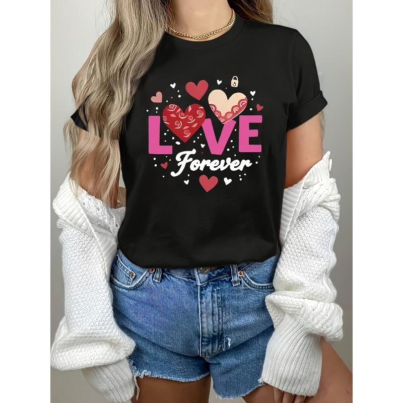 

Women s Plus Size Love Forever Rose Heart Print T-Shirt Casual Oversized Short Sleeve Round Neck Valentine Top S чёрный
