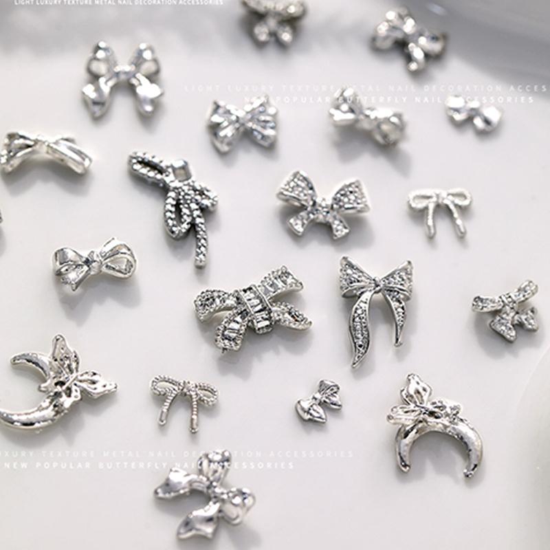 10Pcs Silver Alloy Nail Art Bow Charms Accessories Parts For Manicure Decorate Retro Nails Decoration Design Supplies