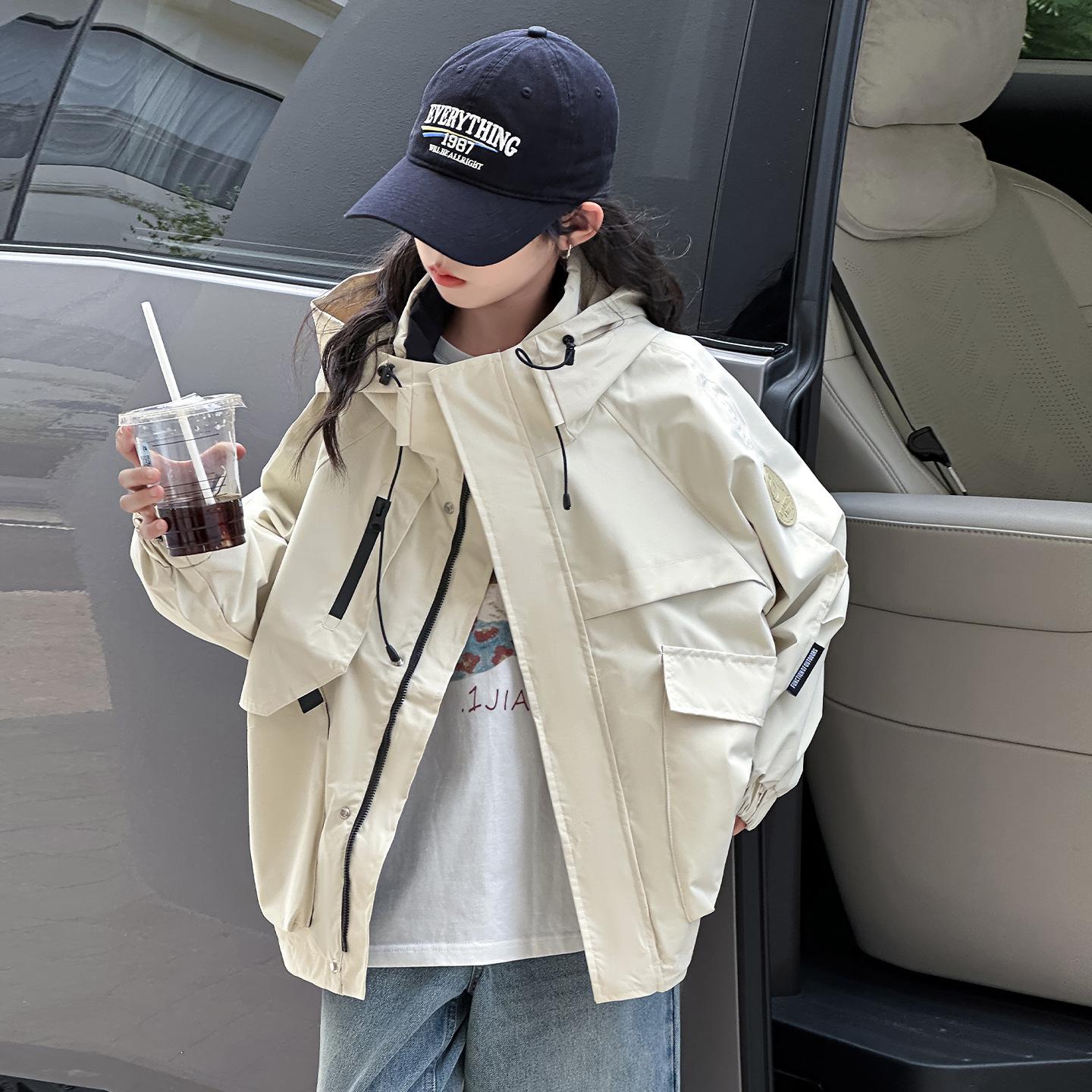 

Girls Spring/Autumn Casual Sportswear Windbreaker Hooded Jacket - 2025 New Fashion Zip-up Top 160 cm бежевий