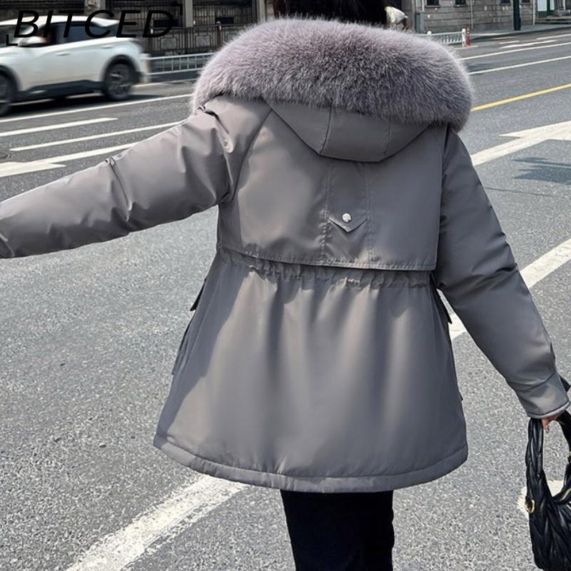 BITCED Winter Thickened Puffer Coat for Women with Waist-cinching, Slimming Fit, Hood and Large Fur Collar for Warmth