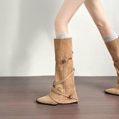Vintage Maillard Pointed Inner Heightening Flat Boots Children's Boots 2025 New Autumn Thin Knight Boots