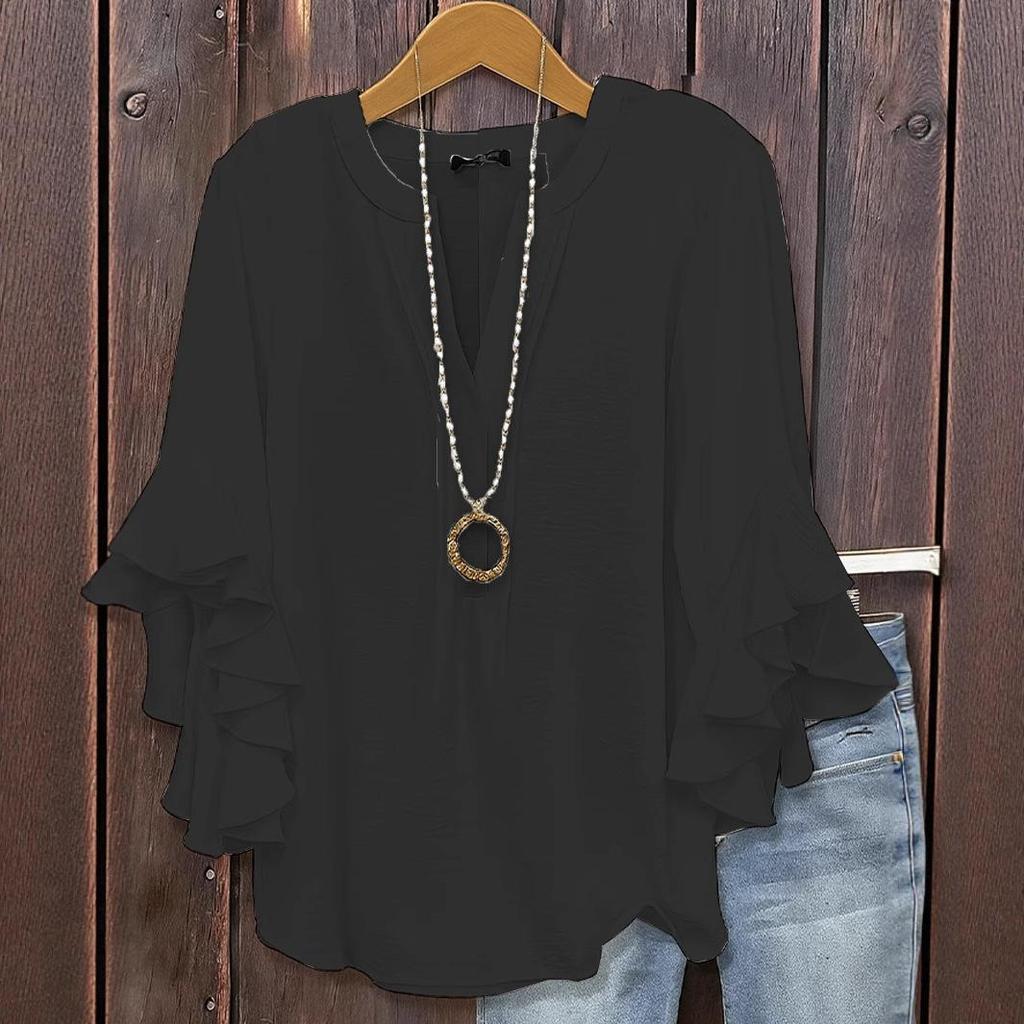 Top a Sette Quarti con Maniche a Foglia di Loto Tinta Unita alla Moda Casual Ampio Scollo a V Bluse e Camicie da Donna per il Lavoro