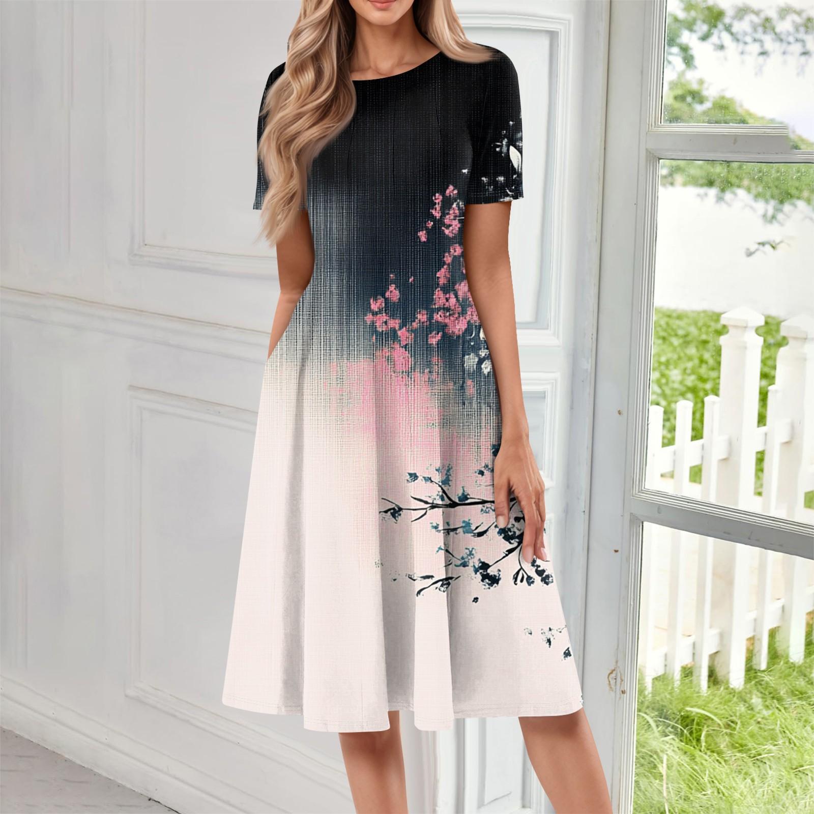 

Женское повседневное модное платье миди с круглым вырезом и коротким рукавом с принтом XL розовый