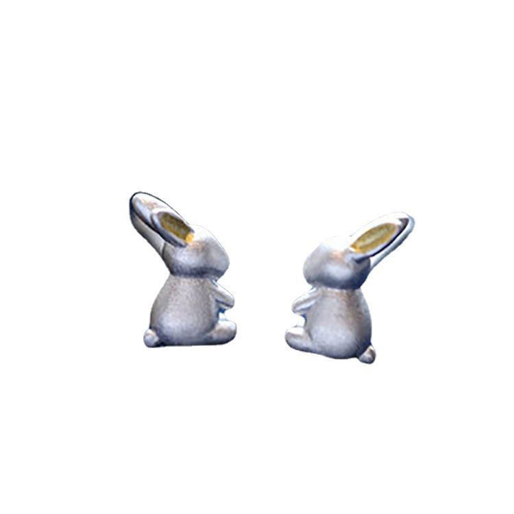 Mini Zodiac Rabbit Ear Studs, S925 Sterling Silver, White Gold-Plated
