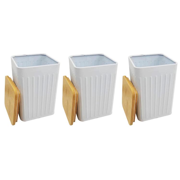 

3 Piece Set Vertical Pattern Storage Box Coffee Bean Sugar Tea Household Storage Box Square Bamboo Lid White Sealed Jar
