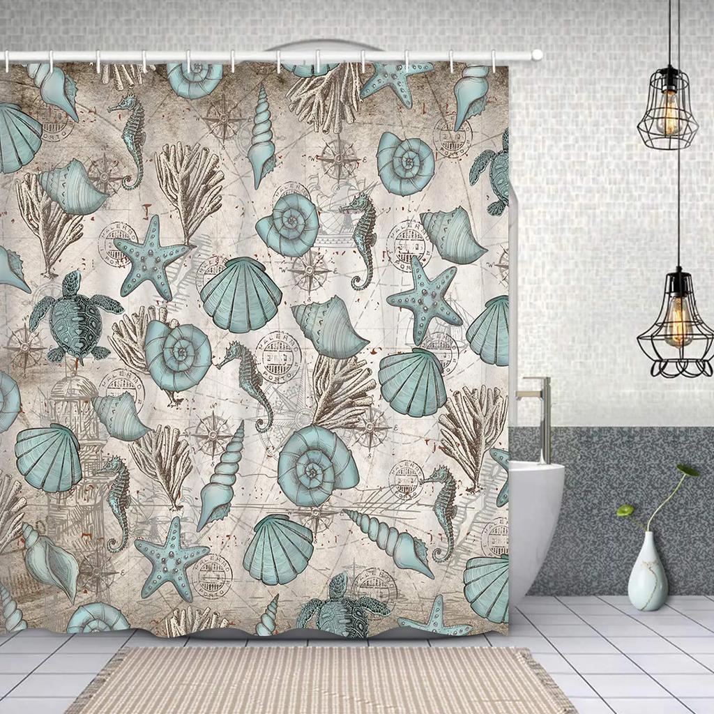 Starfish Beach Shower Curtains 3D Seashell Ocean Theme Waterproof Polyester Fabric Bathroom Decor with Hooks Bathtub Curtains