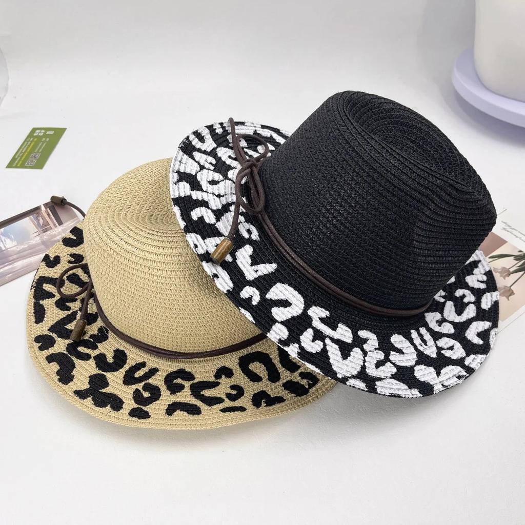 New Leopard Print Straw Sun Hat - Summer Versatile Uv Protection Wide Brim Hat For Women