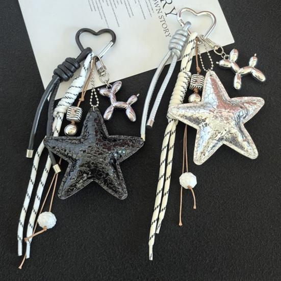 Keychain Pendant Matte-Glossy Finish Imitation Leather Five-Pointed Star Key Chain with Metal Heart Buckle